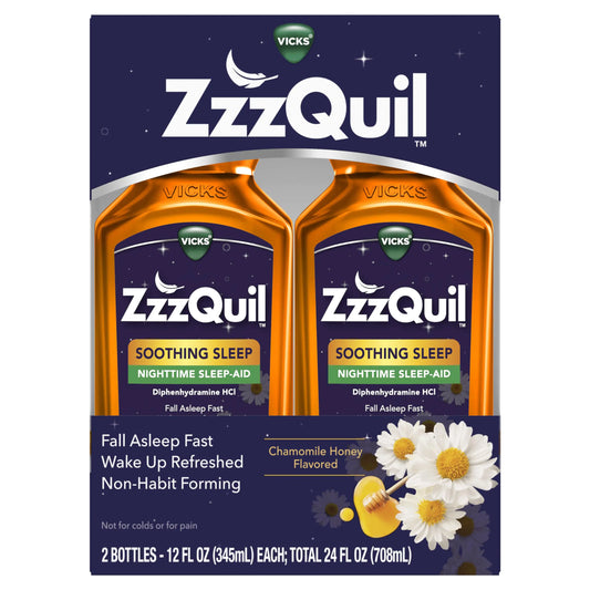 ZzzQuil Nighttime Sleep Aid Liquid Soothing Sleep 50mg Diphenhydramine HCl Chamomile Honey Flavored No.1 Sleep Aid Brand Fall Asleep Fast Non-Habit Forming 24 FL OZ