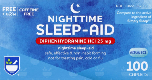 Rite Aid Nighttime Sleep Aid Diphenhydramine HCI 25 mg 100 Mini Caplets | Non-Habit Forming Sleep Supplement | Natural Sleep Aid