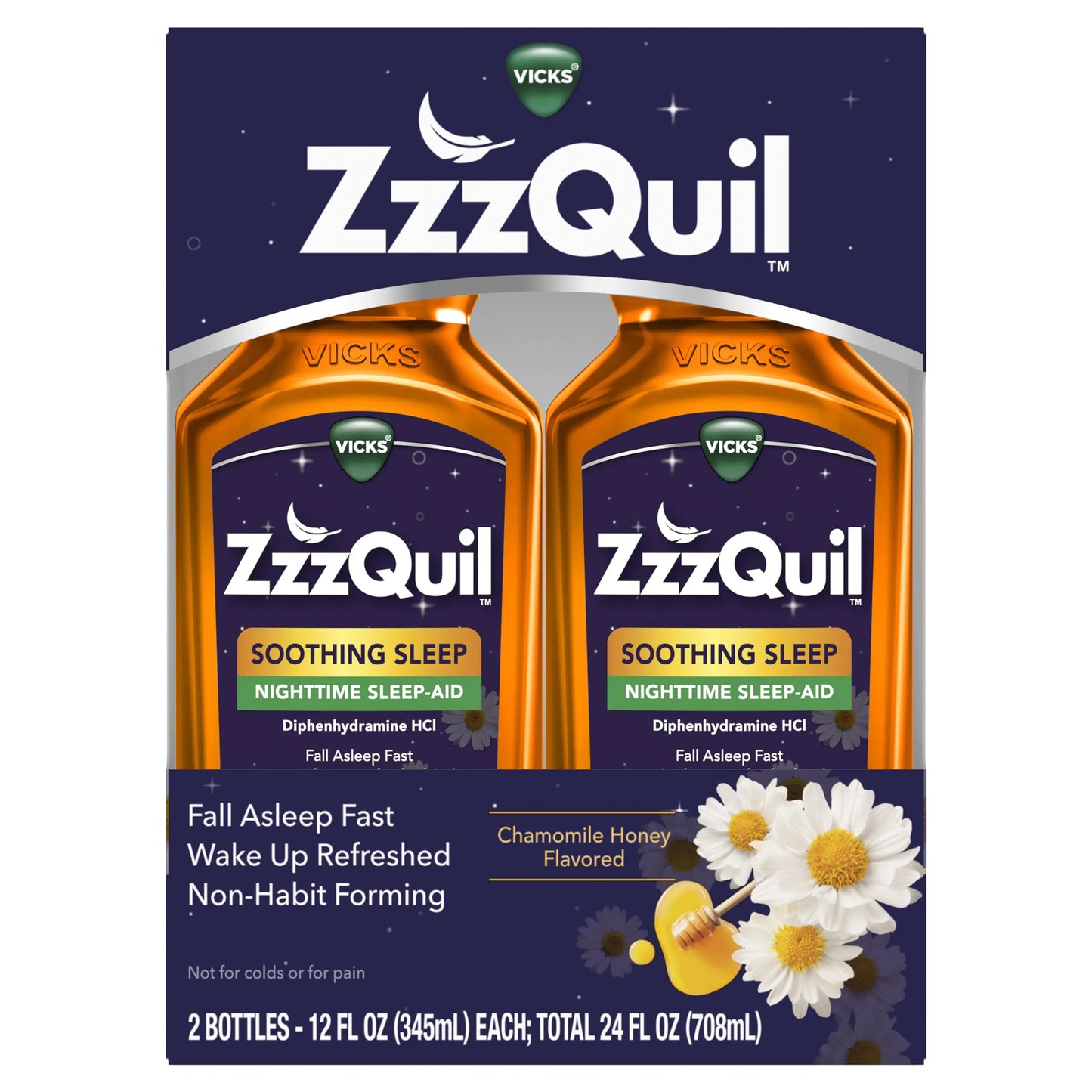 ZzzQuil Nighttime Sleep Aid Liquid Soothing Sleep 50mg Diphenhydramine HCl Chamomile Honey Flavored No.1 Sleep Aid Brand Fall Asleep Fast Non-Habit Forming 24 FL OZ