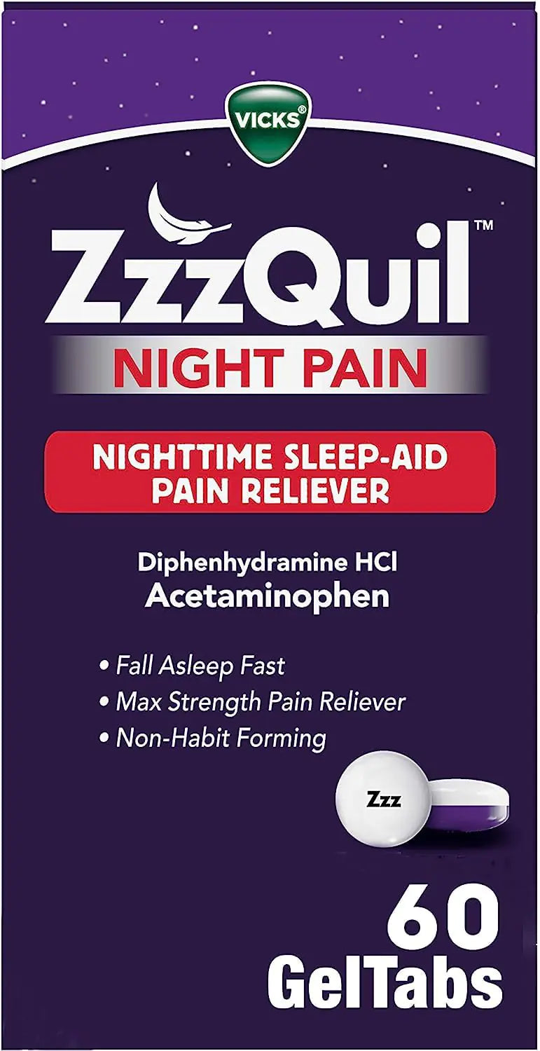 ZzzQuil Night Pain GelTabs Nighttime Pain Relief Sleep Aid Tablets Diphenhydramine HCl and Acetaminophen No.1 Sleep Aid Brand Max Strength Pain Reliever 60 GelTabs