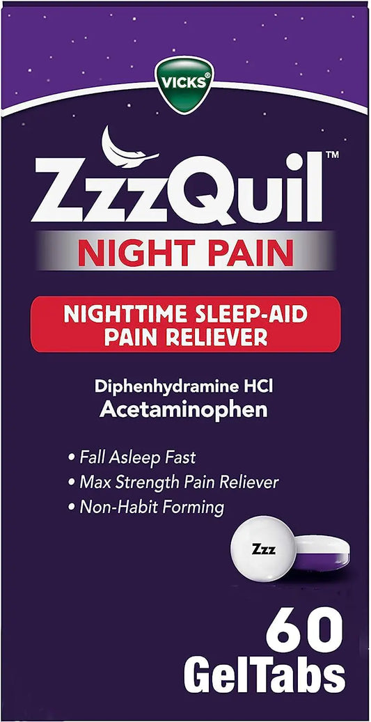 ZzzQuil Night Pain GelTabs Nighttime Pain Relief Sleep Aid Tablets Diphenhydramine HCl and Acetaminophen No.1 Sleep Aid Brand Max Strength Pain Reliever 60 GelTabs