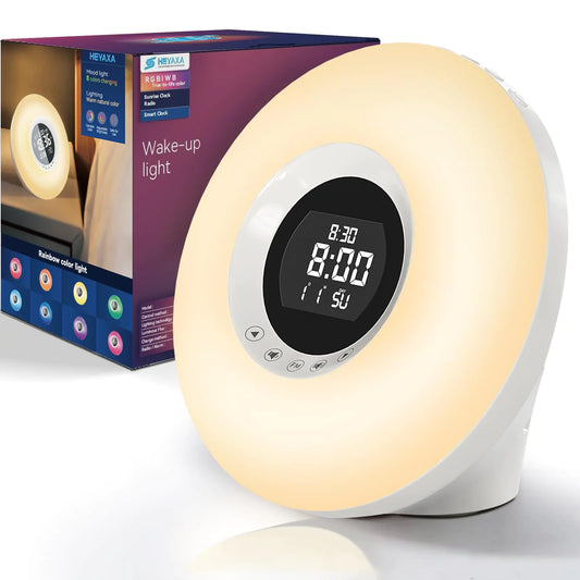 HEYAXA Sunrise Alarm Clock with Wake up Light for Kids Adults Heavy Sleepers Sleep Aid with Sunrise Simulation 8 Colors Nightlight 6 Natural Sounds Snooze Ideal Gift